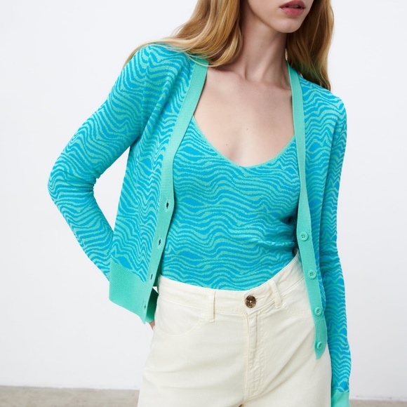 Zara blue turquoise jacquard V-neck knit straps camisole top NWT - Picture 2 of 7